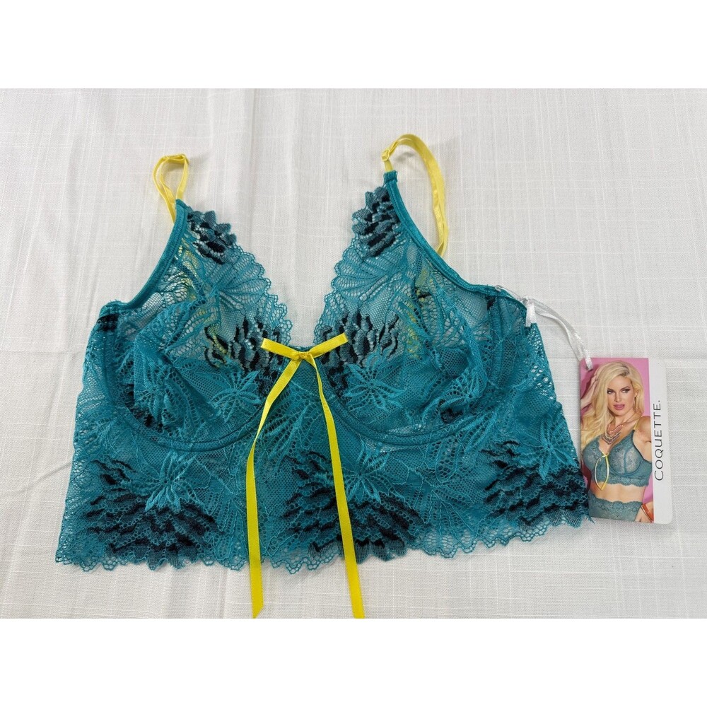 Coquette S4044 Lace Longline Bra Small Teal Yellow Black Underwire NWT
